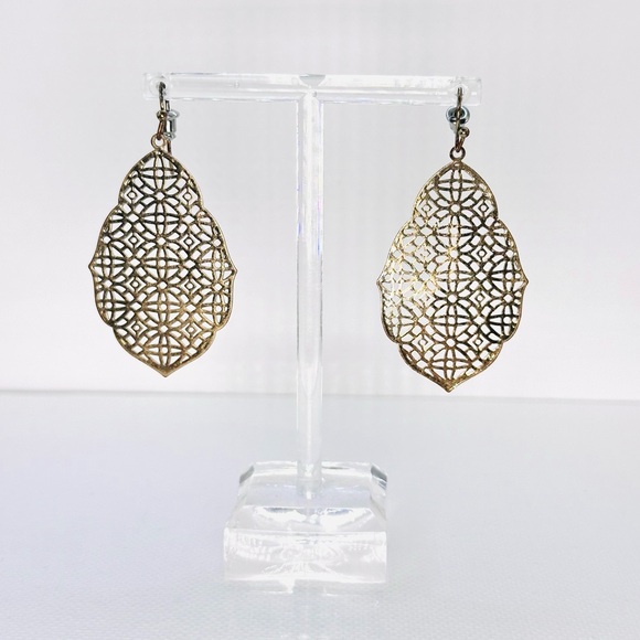 Moroccan Filigree Golden Drop Earrings 2” - Picture 4 of 4